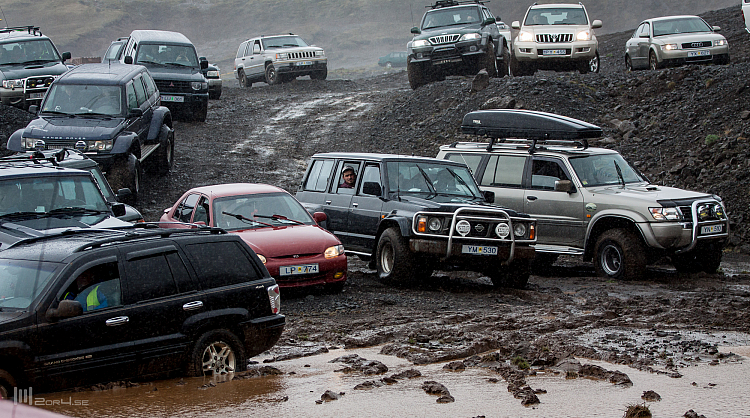 Publiken sitter i bilarna och tutar vilt
